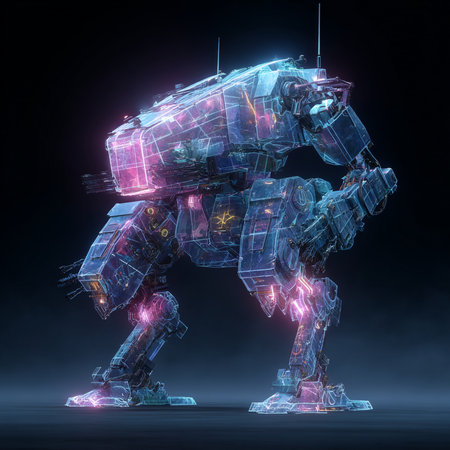3d rendering of a robot on a dark background with neon lightsの素材