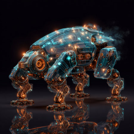 Futuristic robot with glowing lights on a black background. 3d renderingの素材
