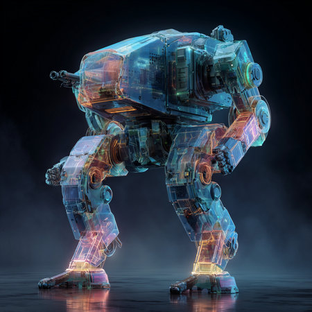 3d rendering of a robot with neon lights on a dark backgroundの素材