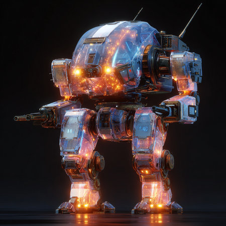 3D rendering of a robot on a dark background with glowing lightsの素材