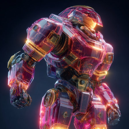 3D rendering of a robot isolated on black background with red lightsの素材