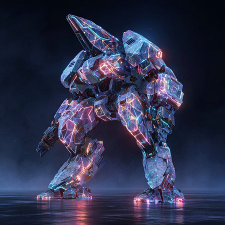 Futuristic robot with glowing wireframe background. 3d renderingの素材