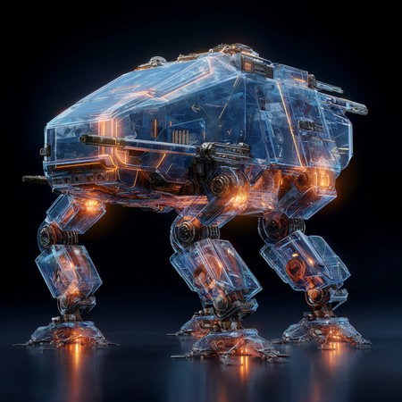 3D rendering of a futuristic robot isolated on black background with reflectionの素材