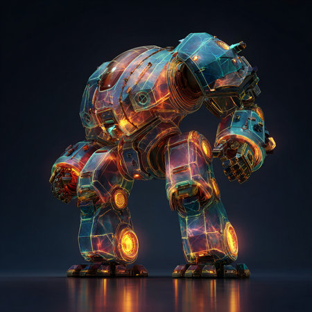 3D rendering of a robot on a dark background with glowing lightsの素材