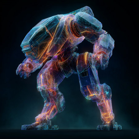 3D rendering of a robot isolated on black background with neon lightsの素材