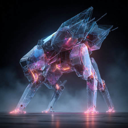 3d rendering of a robot made of polygon on dark backgroundの素材