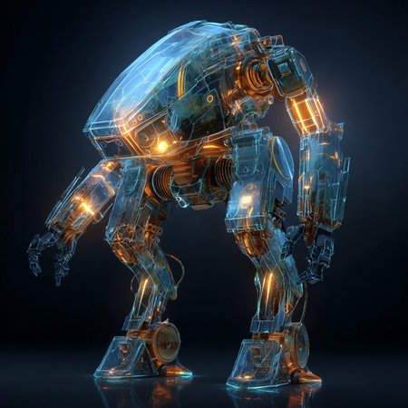 3D rendering of a robot with glowing lights on a black backgroundの素材