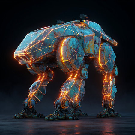 Futuristic robot with glowing neon wireframe. 3D renderingの素材