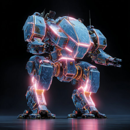 3D rendering of a robot isolated on black background with neon lightsの素材