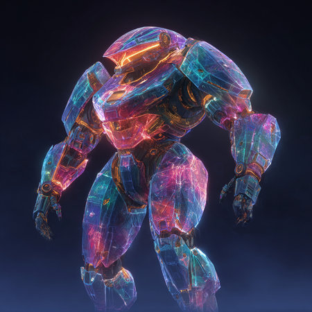 3D rendering of a robot isolated on dark background with colorful lightsの素材