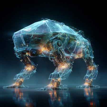 Futuristic robot made of glowing wireframe on dark background 3D renderingの素材