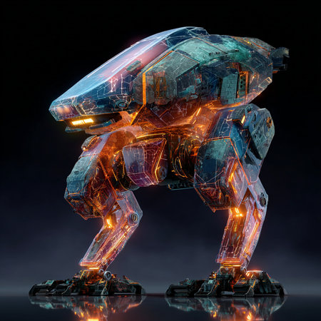 3D rendering of a futuristic robot on a black background with reflectionの素材