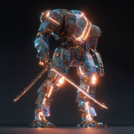 3d rendering of a robot with neon lights on a black backgroundの素材