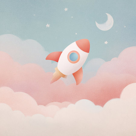 Rocket in the sky with clouds and stars. Illustration in retro styleの素材