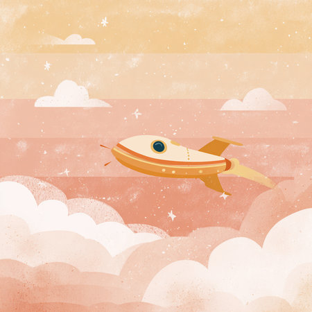Retro airplane flying in the sky with clouds. Vector illustration.の素材