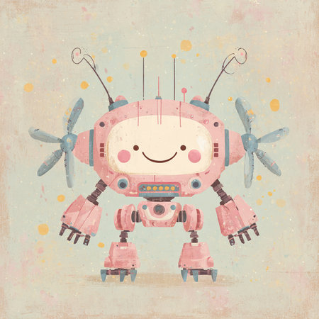 Cute cartoon robot with wings on vintage background. Vector illustration.の素材