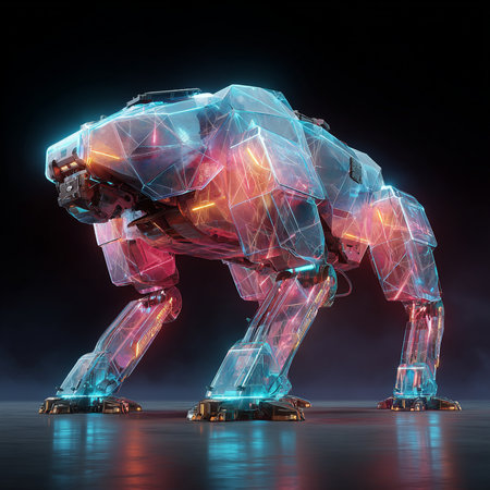 3d rendering of a futuristic robot on a dark background with neon lightsの素材