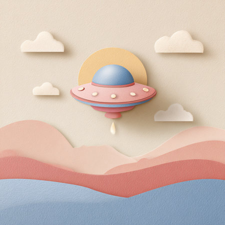 UFO flying over the sea, paper art style, 3d illustrationの素材