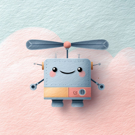 Cute robot on the sky background. Paper art style. Vector illustration.の素材