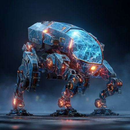 3D rendering of a futuristic robot on a dark background with neon lightsの素材