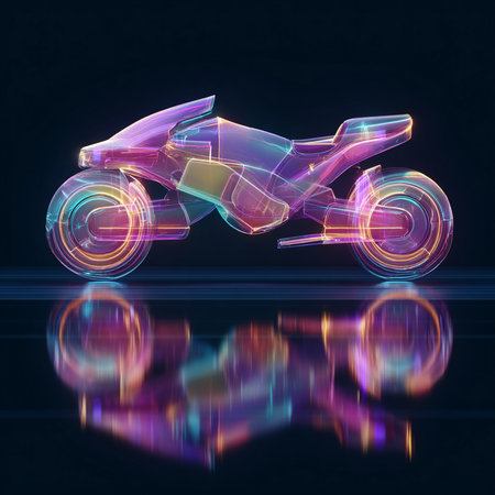 Motorcycle with reflection on black background. 3D rendering. Neon light.の素材