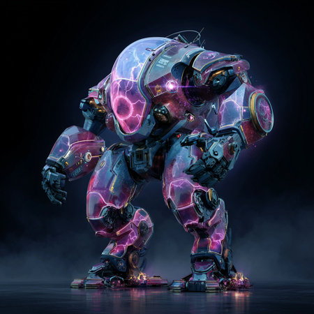 3D rendering of a robot with glowing lights on a dark backgroundの素材