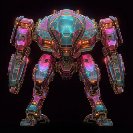 Futuristic robot with glowing lights on black background 3D renderingの素材
