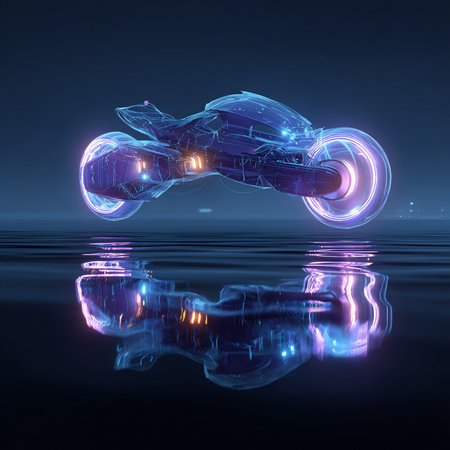 3D rendering of a futuristic motorbike with neon lights reflected in waterの素材