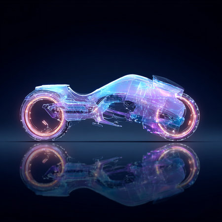 3d rendering of a neon motorbike on a dark blue backgroundの素材