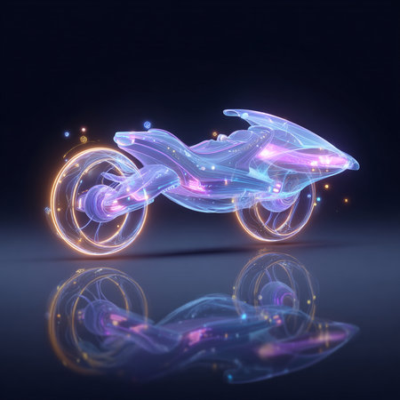 3d illustration of futuristic motorcycle with neon lights on a dark backgroundの素材