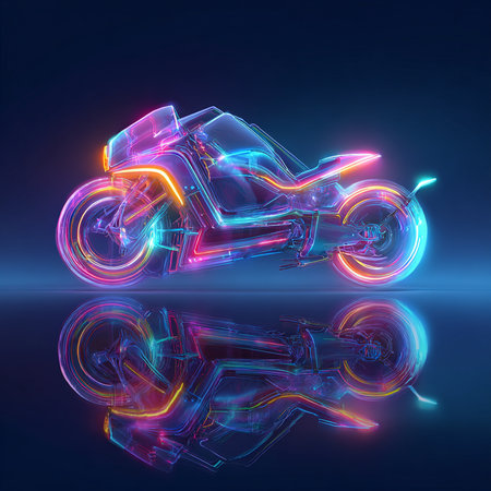 Glowing neon motorcycle on a dark background. 3d rendering.の素材