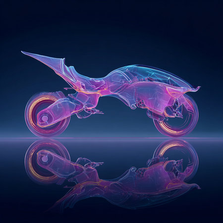 illustration of a motorcycle on a dark background with reflection in waterの素材