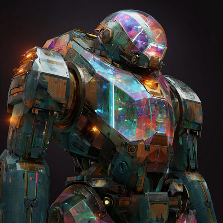 3D rendering of a robot isolated on black background with colorful lightsの素材