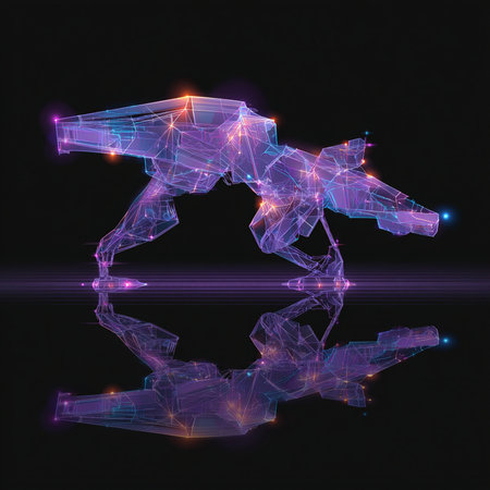 Abstract polygonal figure of a man with a gun on a black backgroundの素材