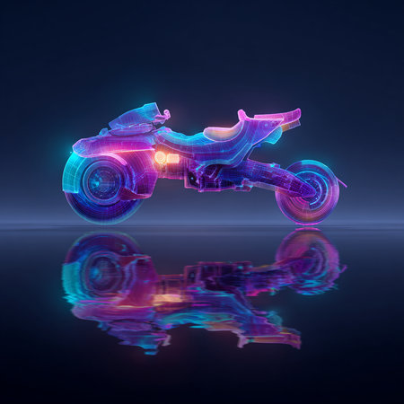 3d rendering of a motorcycle with neon lights reflected in the waterの素材