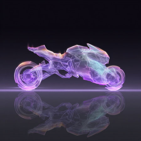motorcycle. 3d illustration on a dark background with neon lightsの素材