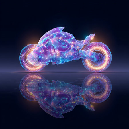 motorcycle low poly wireframe on dark background with reflection. 3d renderingの素材