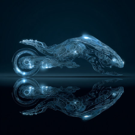 Futuristic motorcycle on a dark blue background. 3d renderingの素材
