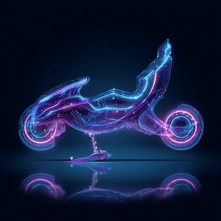 3d rendering of a neon motorbike on a dark background.の素材