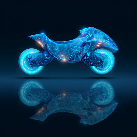 Motorcycle with blue neon light on dark background. 3D renderingの素材