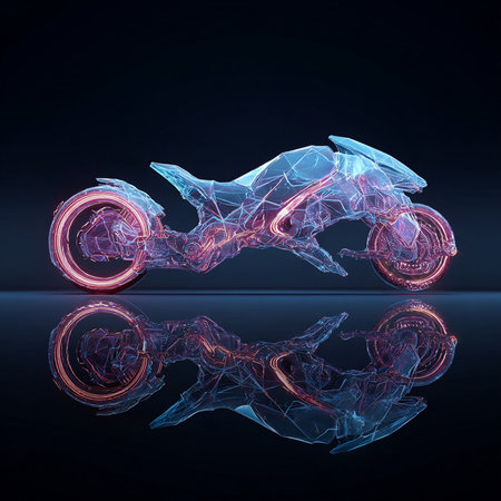 3d rendering of a neon motorbike with abstract lines on a dark backgroundの素材