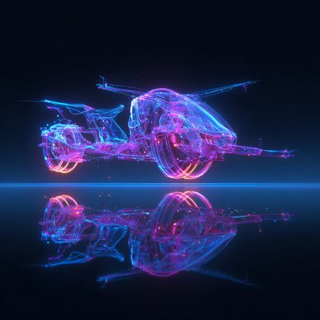 3D rendering of a multi-dimensional model of a drone with a reflection on a dark backgroundの素材