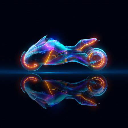3d rendering of a neon motorbike on a dark background.の素材