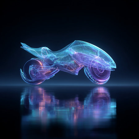 Glowing abstract motorcycle on dark background. 3D Rendering.の素材