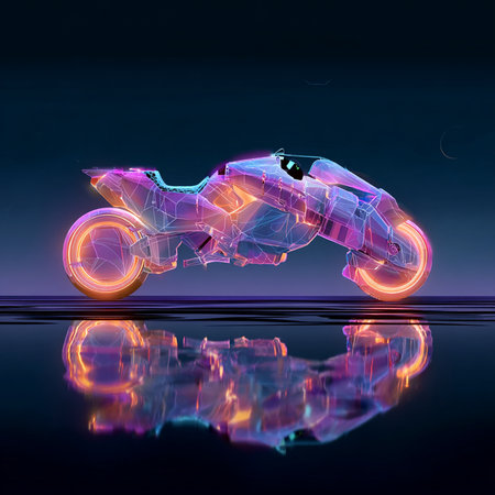 Futuristic motorcycle with neon light on dark background. 3d renderingの素材