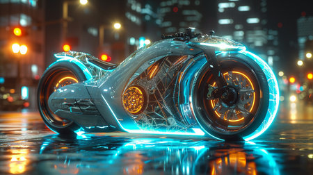 3d rendering. Futuristic car with neon lights in the city at nightの素材