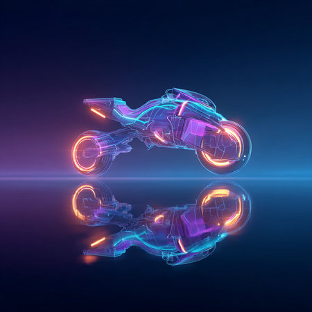 Glowing neon motorcycle on a dark background. 3d rendering.の素材