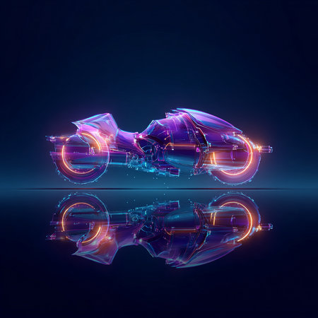 Motorcycle made of neon lights on dark background. 3d renderingの素材