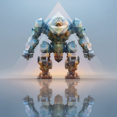 robot in low poly style with reflection on the floor, 3d illustrationの素材