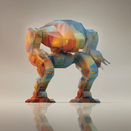 3D rendering of a robot standing on a gray background with reflectionの素材